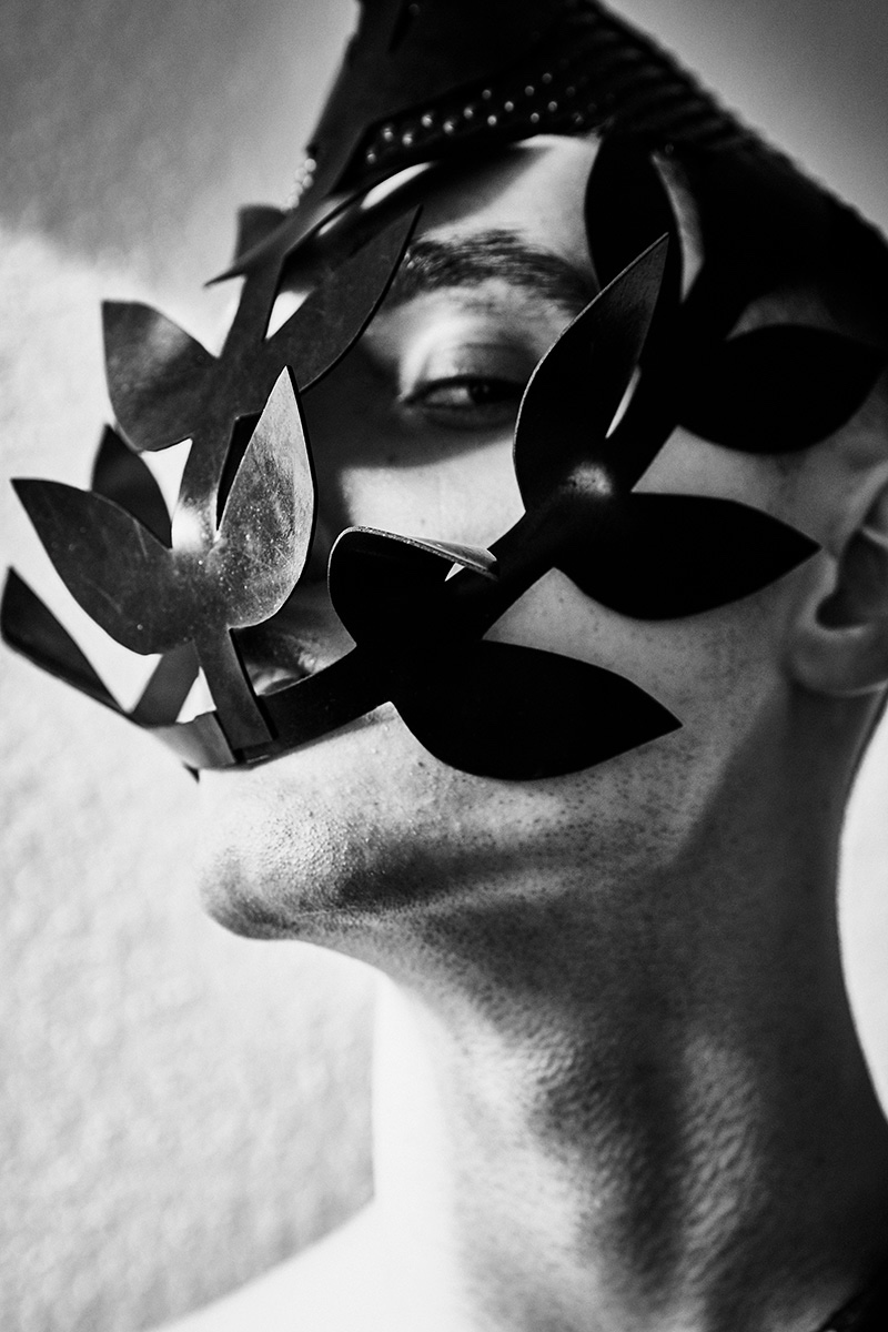 Matthew wears leather mask Teodora Mitrovska.