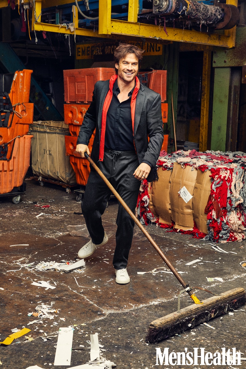 Ian Somerhalder dons a BOSS traceable wool jacket and trousers with a REI Co-op vest, Tact & Stone shirt, and Veja sneakers for Men's Health.