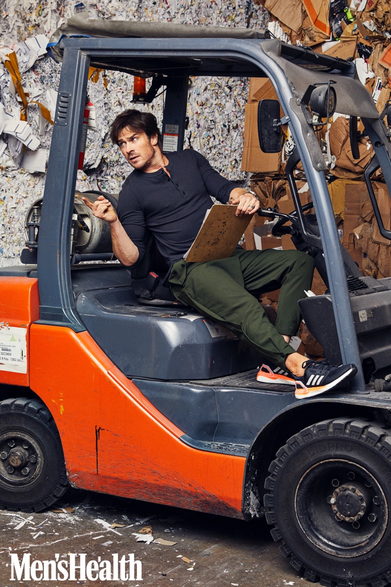 Actor Ian Somerhalder sports a Paskho tech travel henley and trousers with Adidas Originals sneakers, and a Citizen watch for Men's Health.