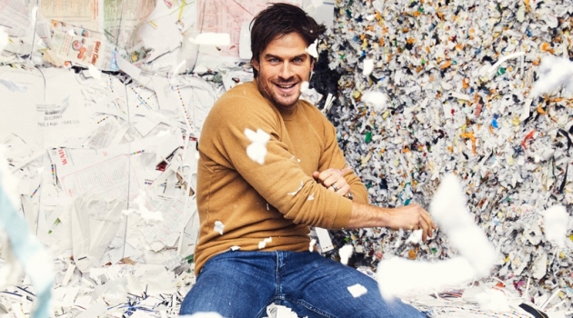 Ian Somerhalder Rocks Sustainable Fashion for Men's Health Connecting with Men's Health, Ian Somerhalder rocks a Jungmaven sweatshirt, Wrangler jeans, and Timberland boots.