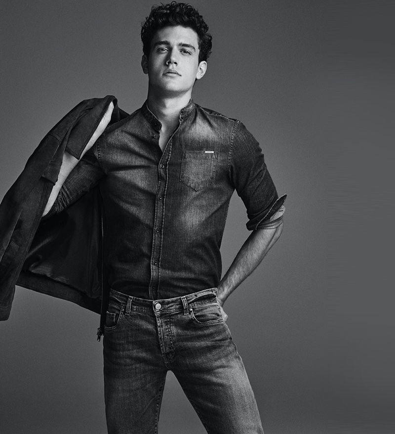 Xavier Serrano models a double denim look from Liu Jo Uomo.