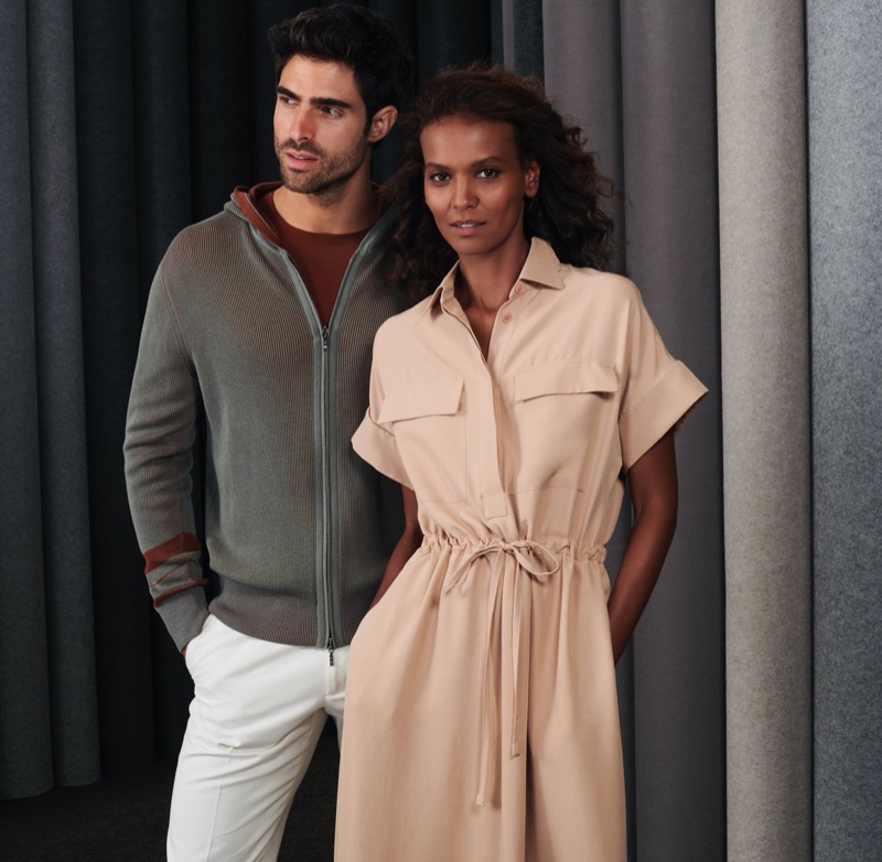 Juan Betancourt and Liya Kebede wear spring-summer 2020 looks from Loro Piana for Holt Renfrew.