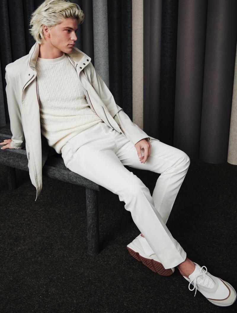 Jordan Barrett embraces a light monochromatic look from Loro Piana's spring-summer 2020 collection.