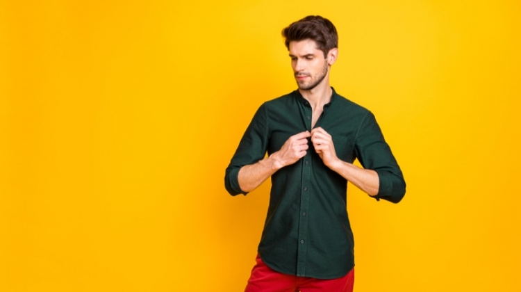 Male Model Green Button Down Shirt Red Pants