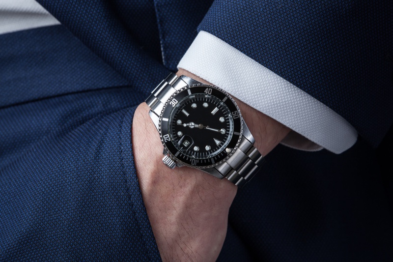 Man Wearing Silver Rolex Watch Suit Closeup
