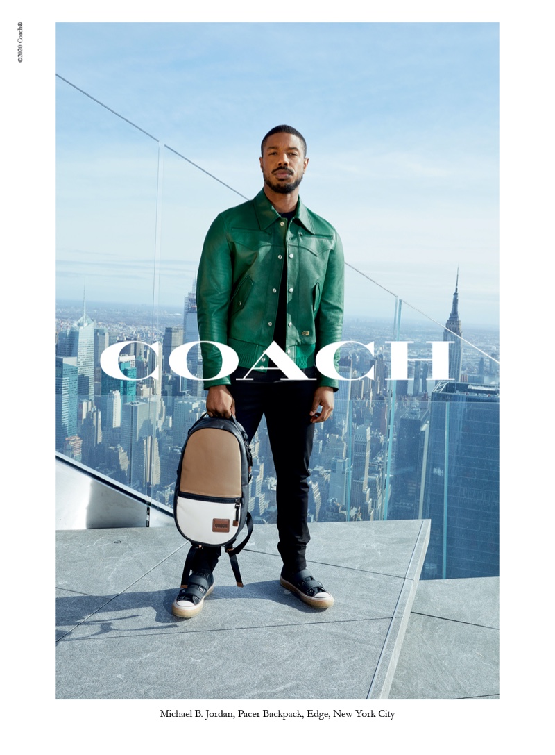 Michael B. Jordan sports a green leather jacket for Coach's spring-summer 2020 campaign. » Michael B. Jordan Takes to Hudson Yards' Edge for Coach Spring '20 Campaign Michael B. Jordan sports a green leather jacket for Coach's spring-summer 2020 campaign.