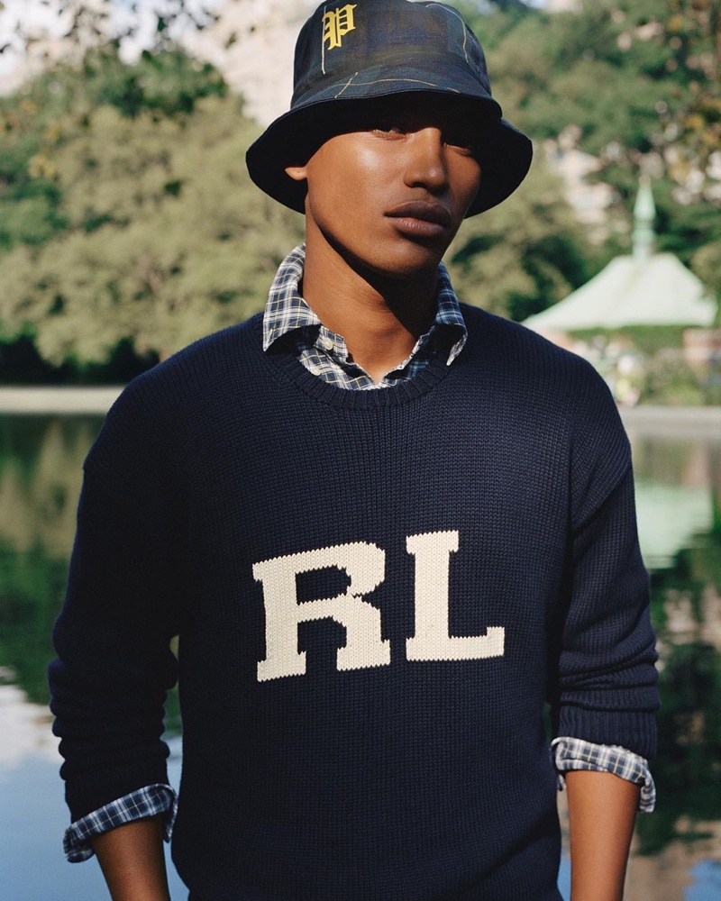 Timothy Lewis sports a plaid bucket hat and RL sweater from POLO Ralph Lauren's spring-summer 2020 collection.