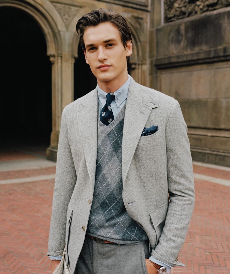 Embracing shades of grey, Jegor Venned models a spring-summer 2020 look from POLO Ralph Lauren.