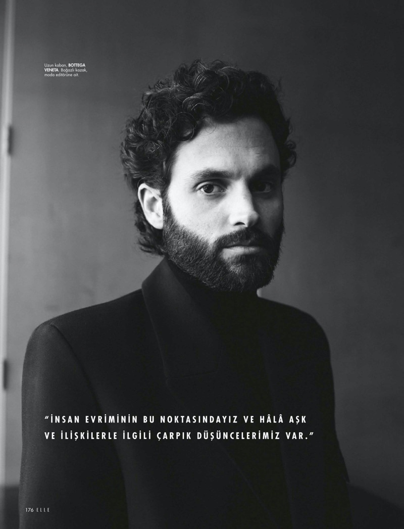 Sitting for a portrait, Penn Badgley wears Bottega Veneta.