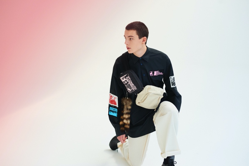 Taking to the studio, Nika Jovanovic appears in the Raf Simons x Eastpak spring-summer 2020 campaign.