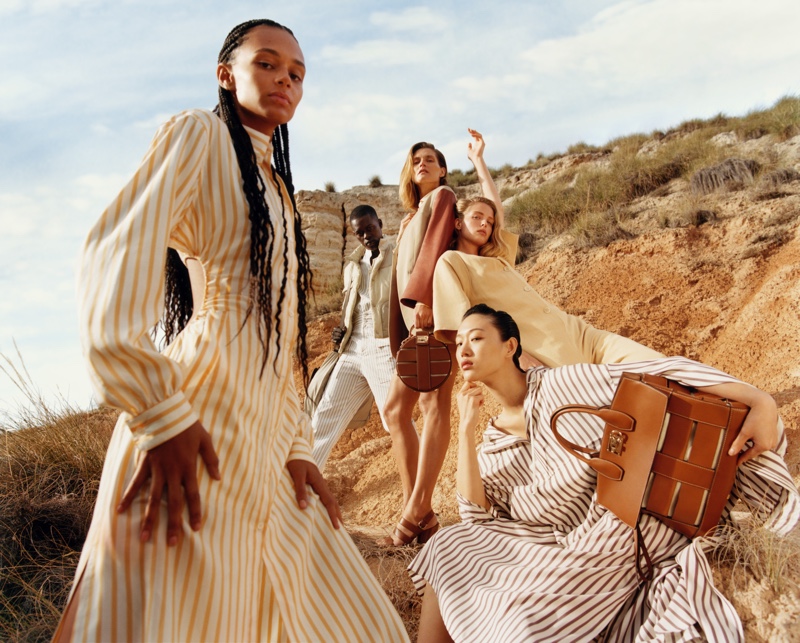 Salvatore Ferragamo enlists models Binx Walton, Alpha Dia, Malgosia Bela, Abby Champion, and Sora Choi as the stars of its spring-summer 2020 campaign.