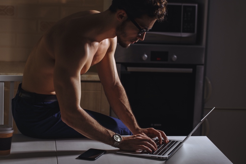 Shirtless Male Model Laptop Glasses Shirtless Male Model Laptop Glasses