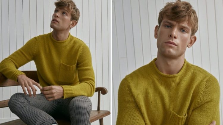 Elliott Reeder dons a smart LE 31 sweater, which features a chest pocket.