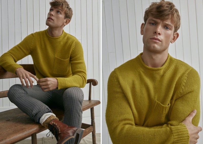 Elliott Reeder dons a smart LE 31 sweater, which features a chest pocket.