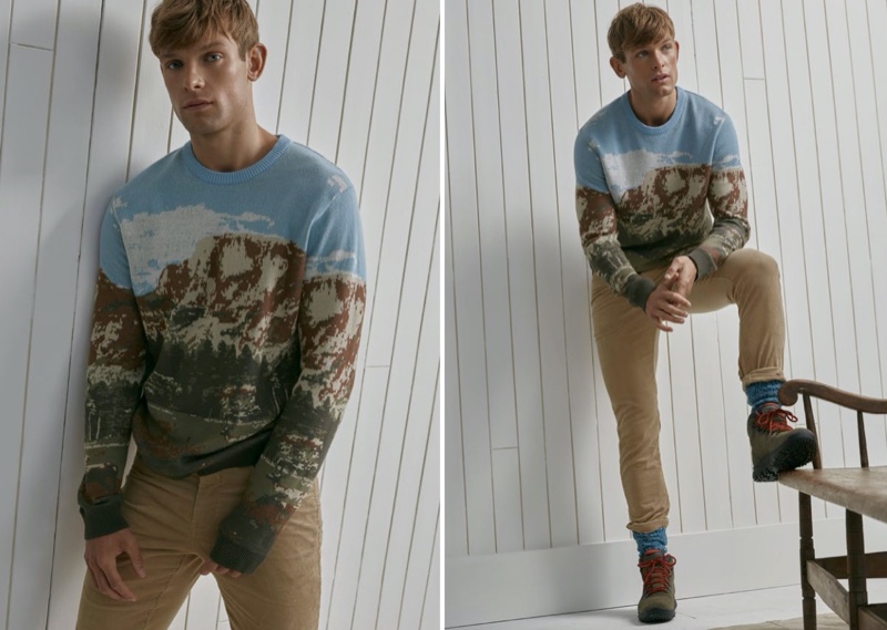 Model Elliott Reeder sports a LE 31 natural panorama sweater.