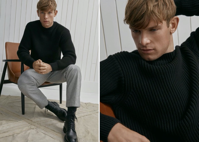 Front and center, Elliott Reeder wears a ribbed black sweater from LE 31.