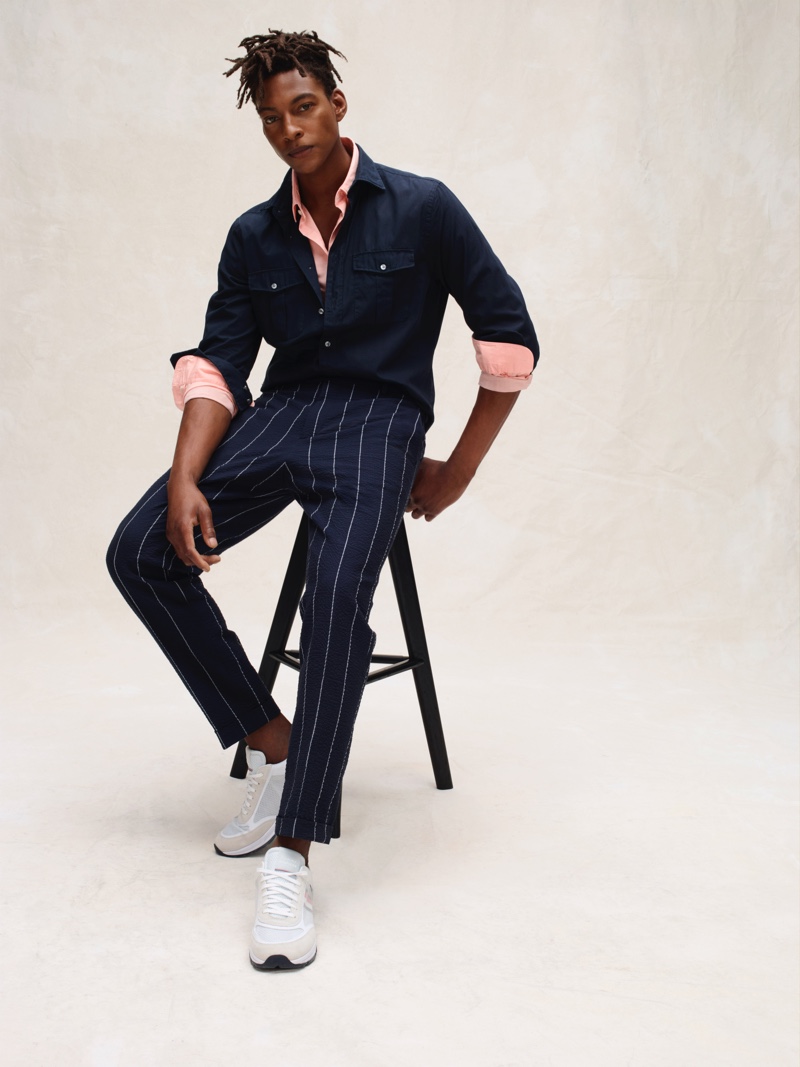 A smart vision, Ty Ogunkoya models fashions from Tommy Hilfiger Tailored's spring-summer 2020 collection.