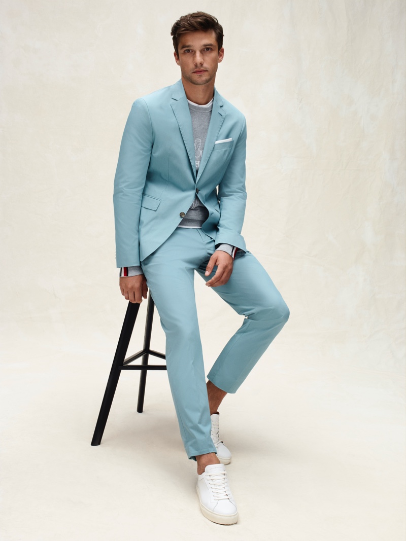 Embracing a pop of color, Alexis Petit sports a suit from Tommy Hilfiger Tailored's spring-summer 2020 collection.