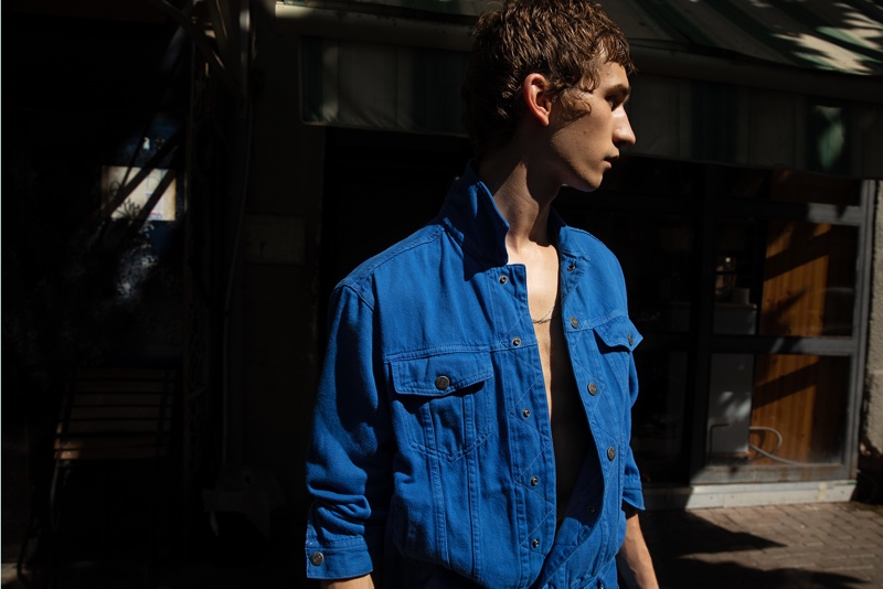 Stepping out in a blue denim jean jacket, Etienne de Testa fronts American Vintage's spring-summer 2020 campaign.