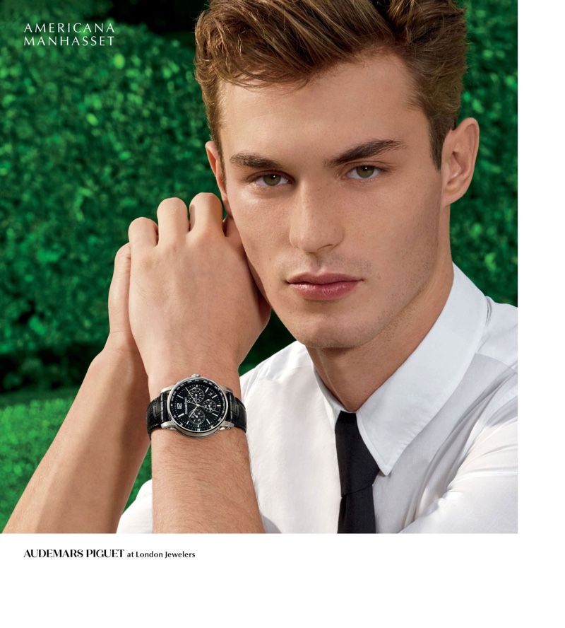 Kit Butler dons a watch from Audemars Piguet.