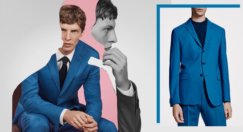 Cobalt blue makes an impact for spring-summer 2020 with a sharp suit from BOSS. Pictured left, Tim Schuhmacher wears the statement suit in BOSS' new campaign. Meanwhile, photographed right, Oscar Kindelan hits the studio in the same style.