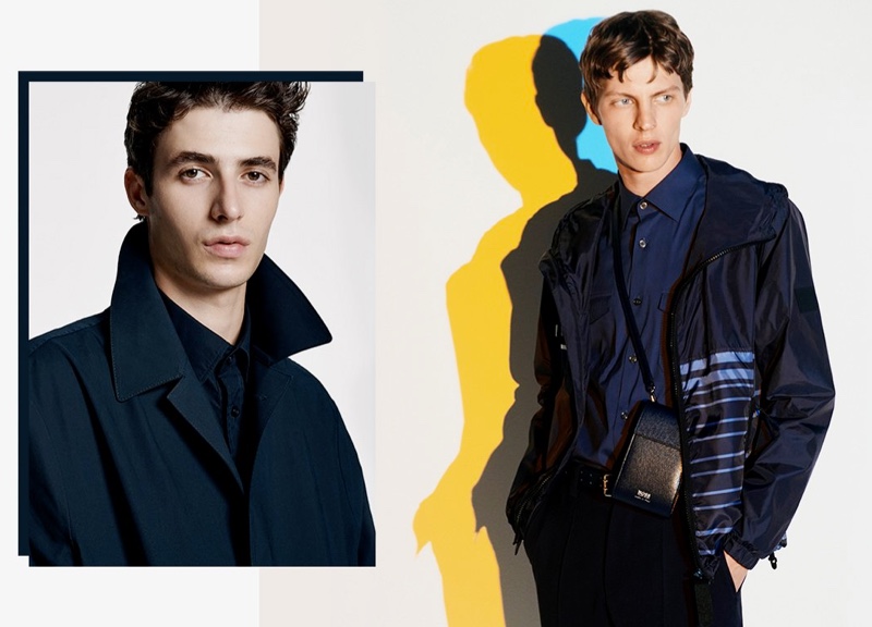 German brand BOSS makes a strong case for layering and midnight blue. Pictured left, Oscar Kindelan is sleek in a trench, while Tim Schuhmacher appears right in a smart, sporty number.