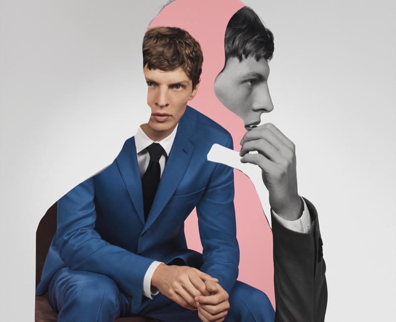 Tim Schuhmacher dons a blue suit for BOSS' spring-summer 2020 campaign.