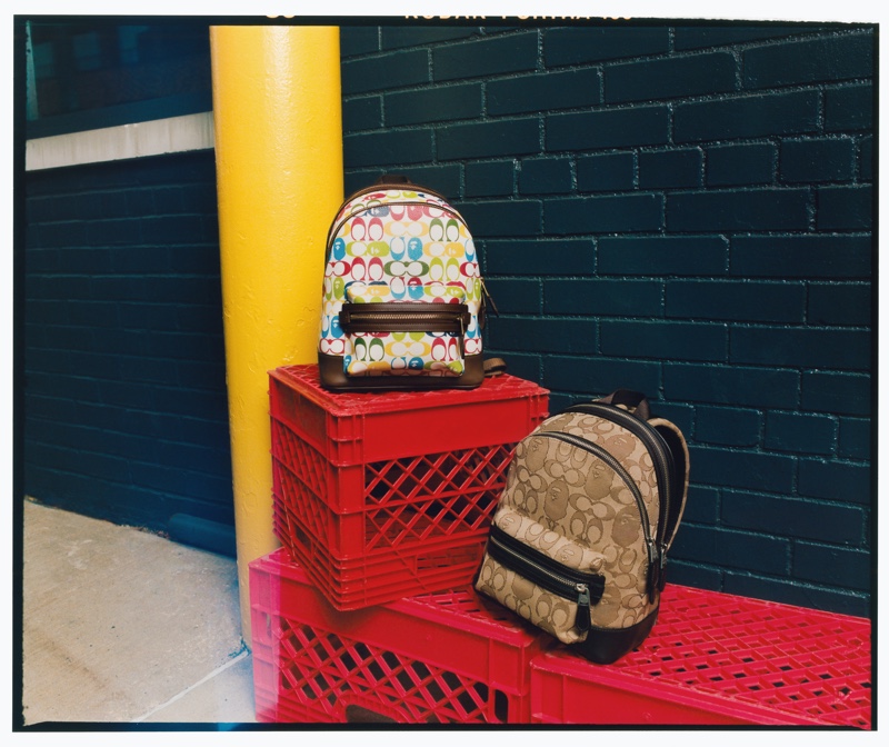 Backpacks from the Bape x Coach collection.