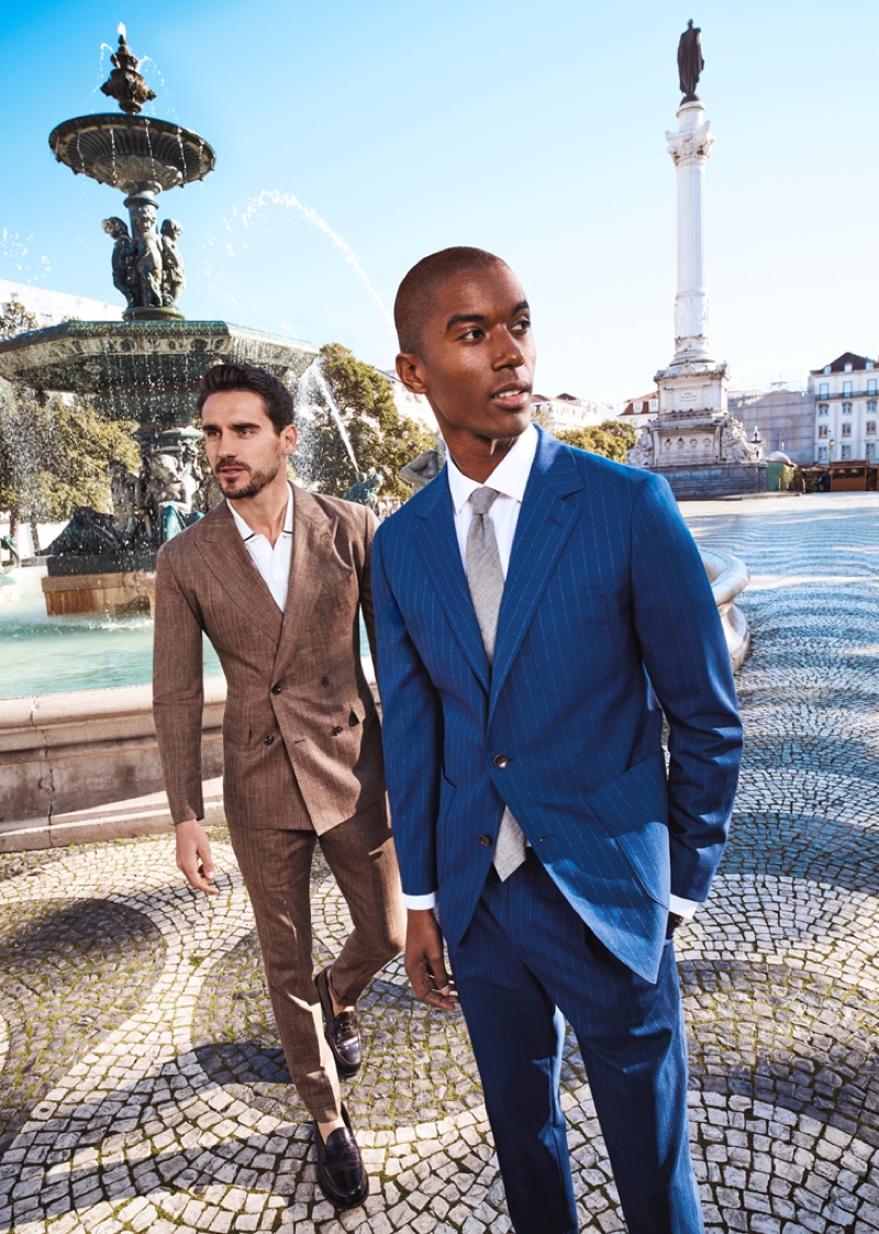 Arthur Kulkov and Claudio Monteiro don stylish suits from Bonobos' spring-summer 2020 collection.