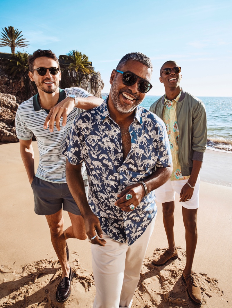 All smiles, Arthur Kulkov, Martin-Christopher Harper, and Claudio Monteiro take to the beach in spring-summer 2020 looks from Bonobos.