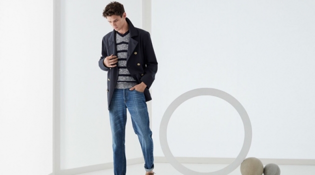 Natural Notes: Arthur & Mikkel Inspire in Brunello Cucinelli Arthur Gosse dons a double-breasted jacket with a v-neck sweater and jeans by Brunello Cucinelli.