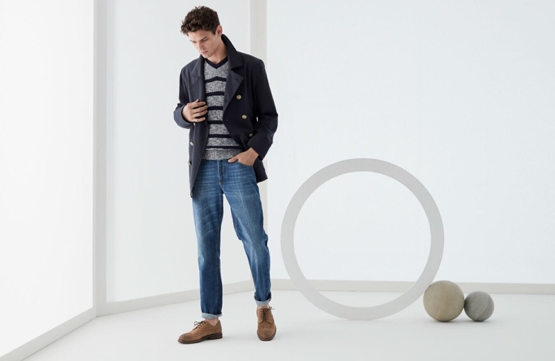 Natural Notes: Arthur & Mikkel Inspire in Brunello Cucinelli Arthur Gosse dons a double-breasted jacket with a v-neck sweater and jeans by Brunello Cucinelli.