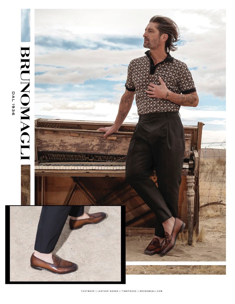 Tony Ward dons brown leather loafers for Bruno Magli's spring-summer 2020 campaign.