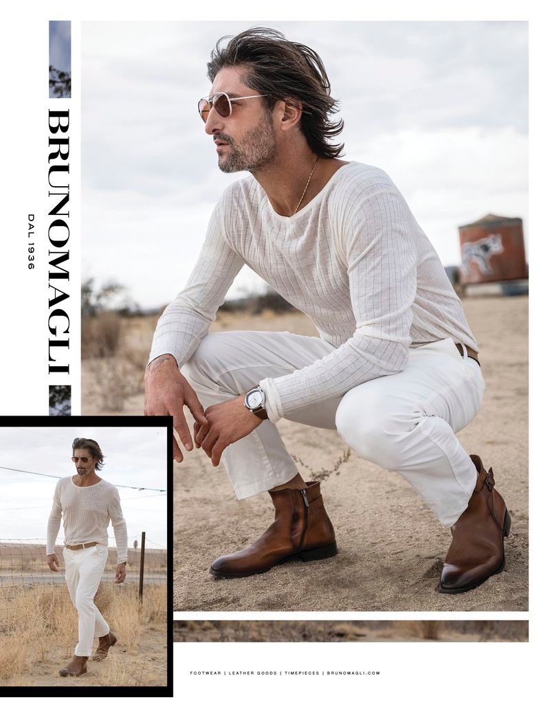 Embracing neutrals, Tony Ward completes his look with brown leather boots for Bruno Magli's spring-summer 2020 campaign.