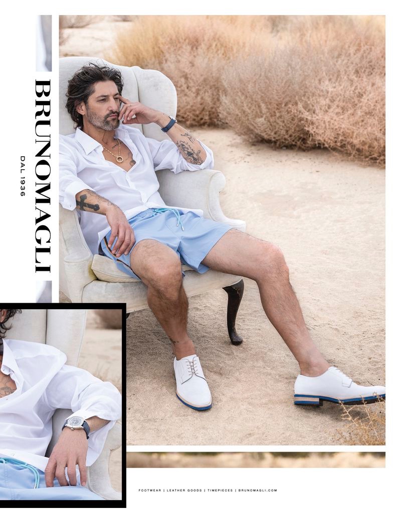 Taking to the beach, Tony Ward stars in Bruno Magli's spring-summer 2020 campaign.