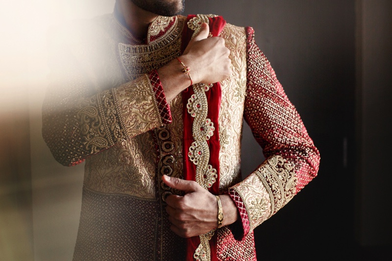 Closeup Indian Groom Wedding Suit Embroidery