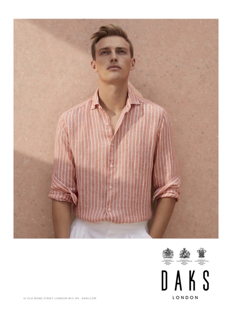 Victor Nylander dons a striped linen shirt for Daks' spring-summer 2020 campaign.