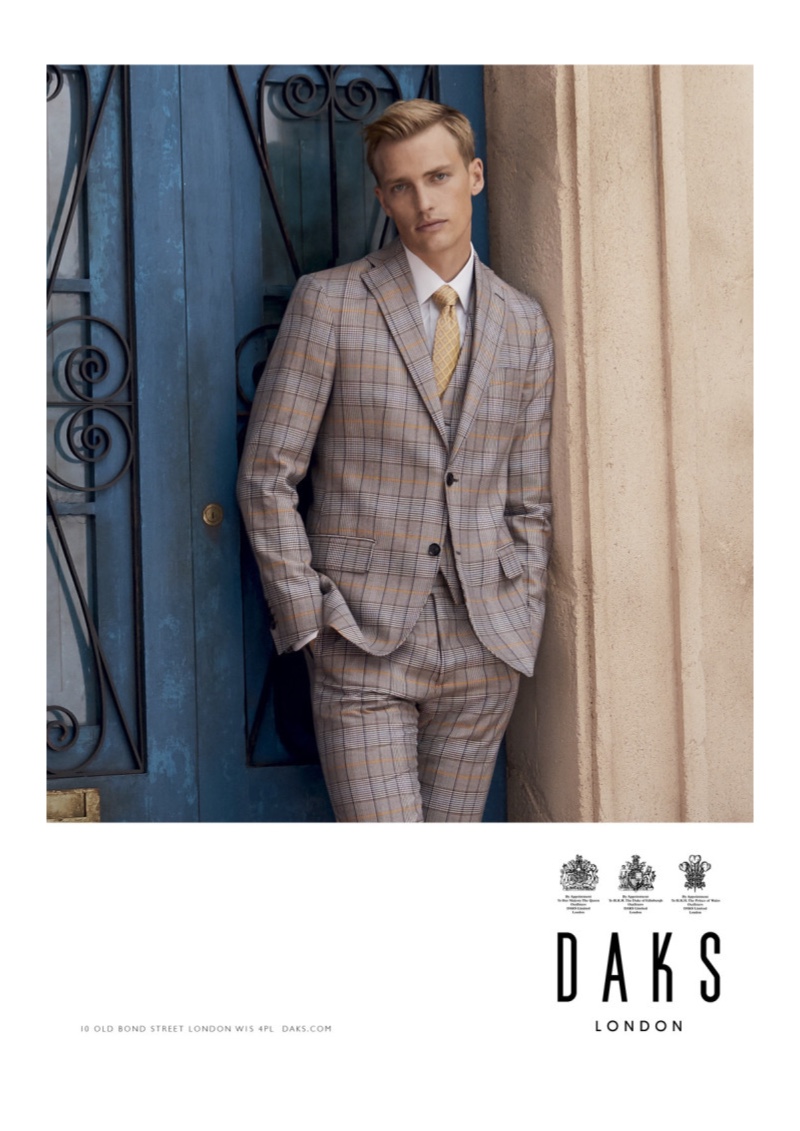 Donning a three-piece suit, Victor Nylander appears in Daks' spring-summer 2020 campaign.