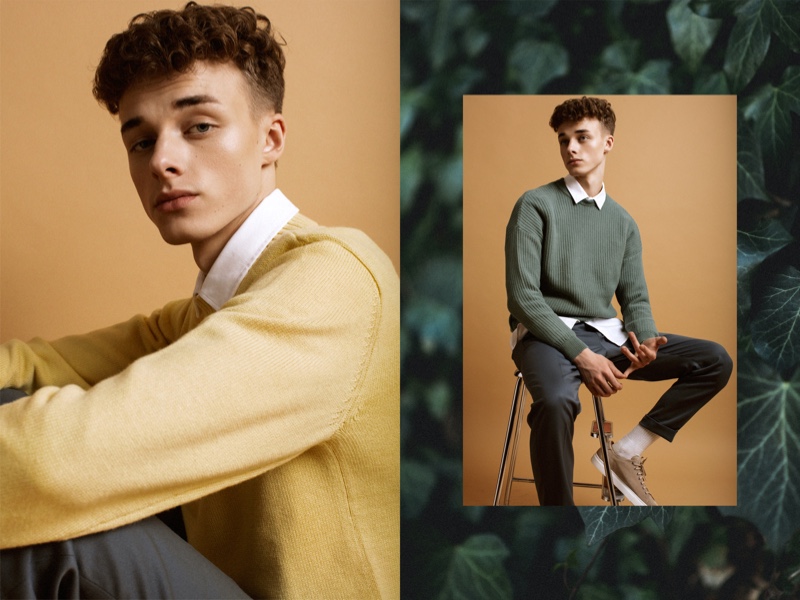 Left: Daniel wears sweater J.Lindeberg, shirt and trousers Filippa K. Right: Daniel wears shoes Human Scales, shirt, trousers, and ribbed sweater Filippa K.