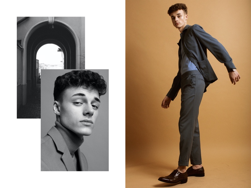 Left: Daniel wears turtleneck H&M and blazer Zara. Right: Daniel wears shoes TGA, shirt, jacket, and pants Filippa K.