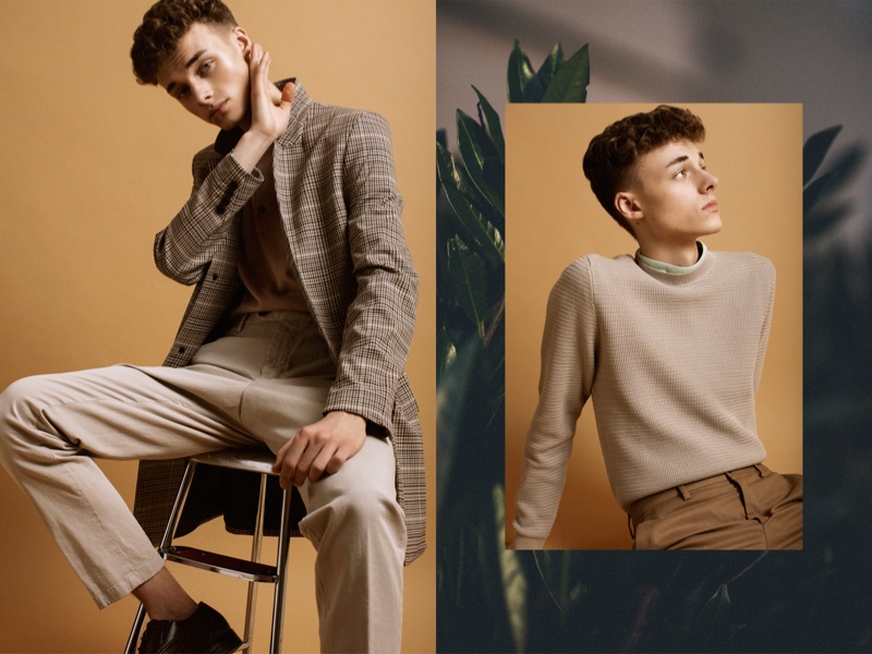 Left: Daniel wears trousers Oscar Jacobson, shoes TGA, shirt and coat H&M. Right: Daniel wears trousers Zara, t-shirt and sweater COS.