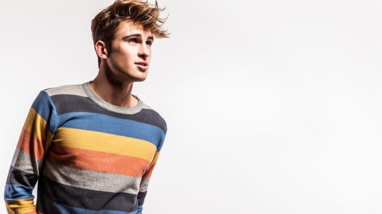Fashion Male Model Striped Sweater