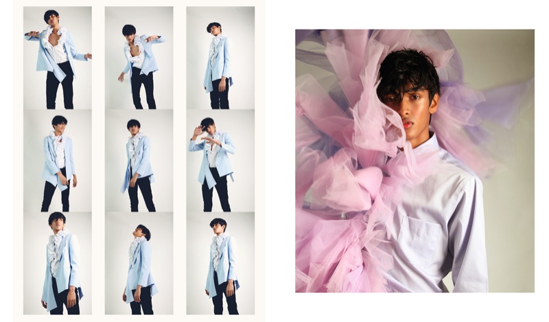 Left: Neil wears blazer Narendra Kumar, shirt Zara, and trousers vintage Paris. Right: Neil wears tulle skirt PapaDontPreach and shirt Van Heusen via Kiabza.