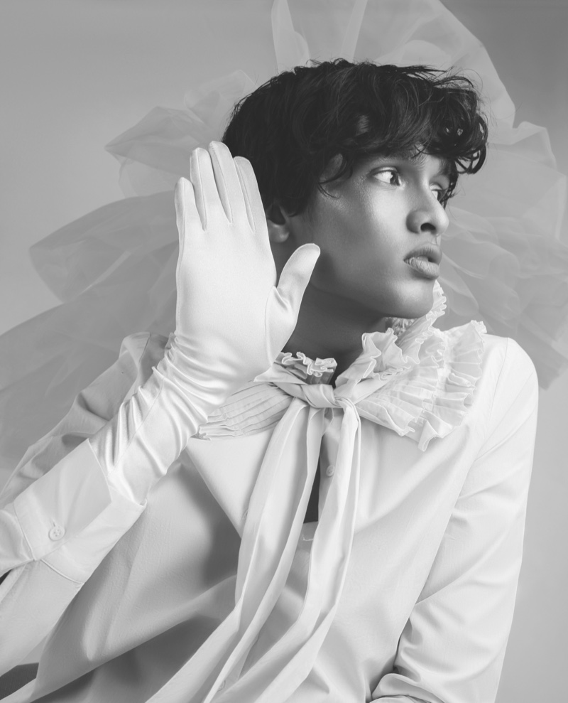 Neil wears tulle Giambatistavalli Paris, vintage gloves and shirt stylist's own.