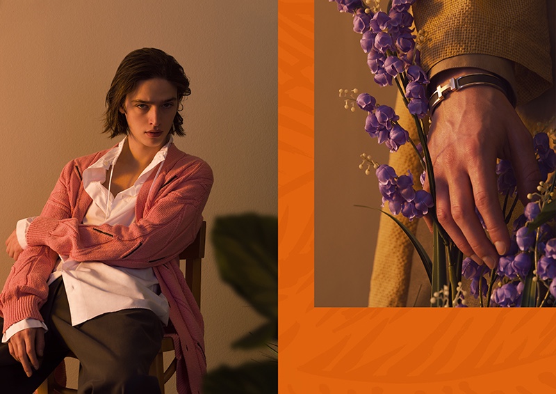 Pictured left, Maël sports a cable-knit cardigan sweater with a shirt and trousers from Hermès' spring-summer 2020 collection. Right, he dons a Hermès bracelet.