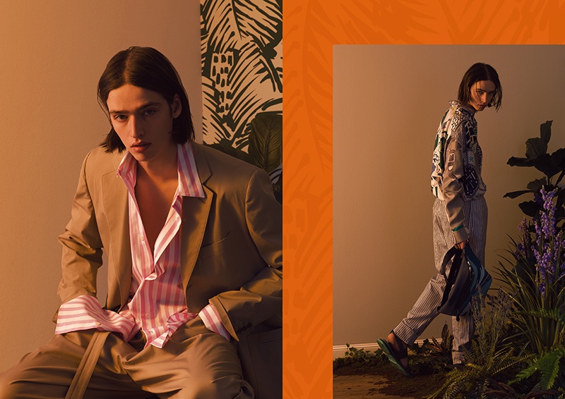 Taking to a warm-lit set, Maël models refined pieces from Hermès' spring-summer 2020 collection.