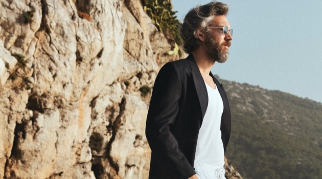 Felix Adergold in 'Garraf' Felix wears jacket Valentino, t-shirt Abanderado, pants Custo Barcelona, and sunglasses Polaroid.