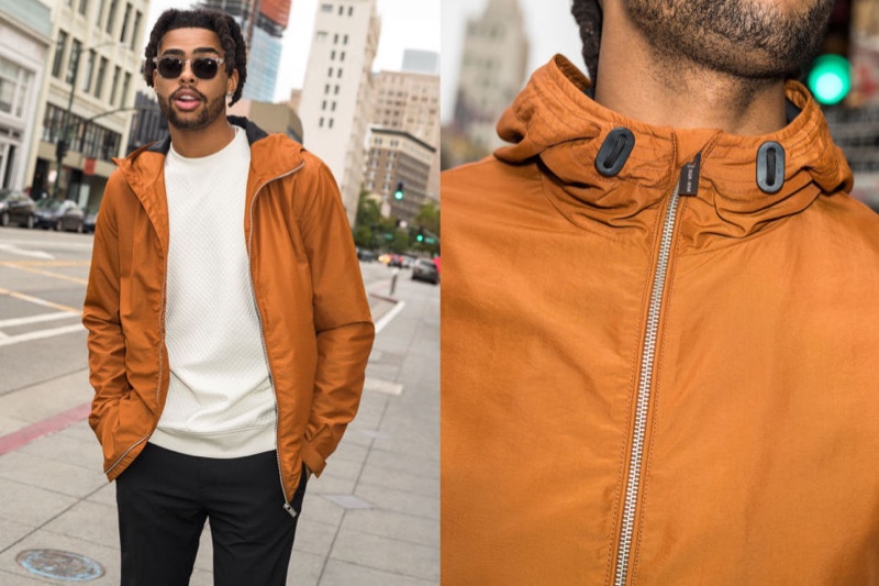 Making a case for orange, D'Angelo Russell dons a hooded H&M jacket.
