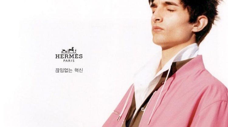 Pablo Fernandez dons a pink jacket for Hermès' spring-summer 2020 campaign.