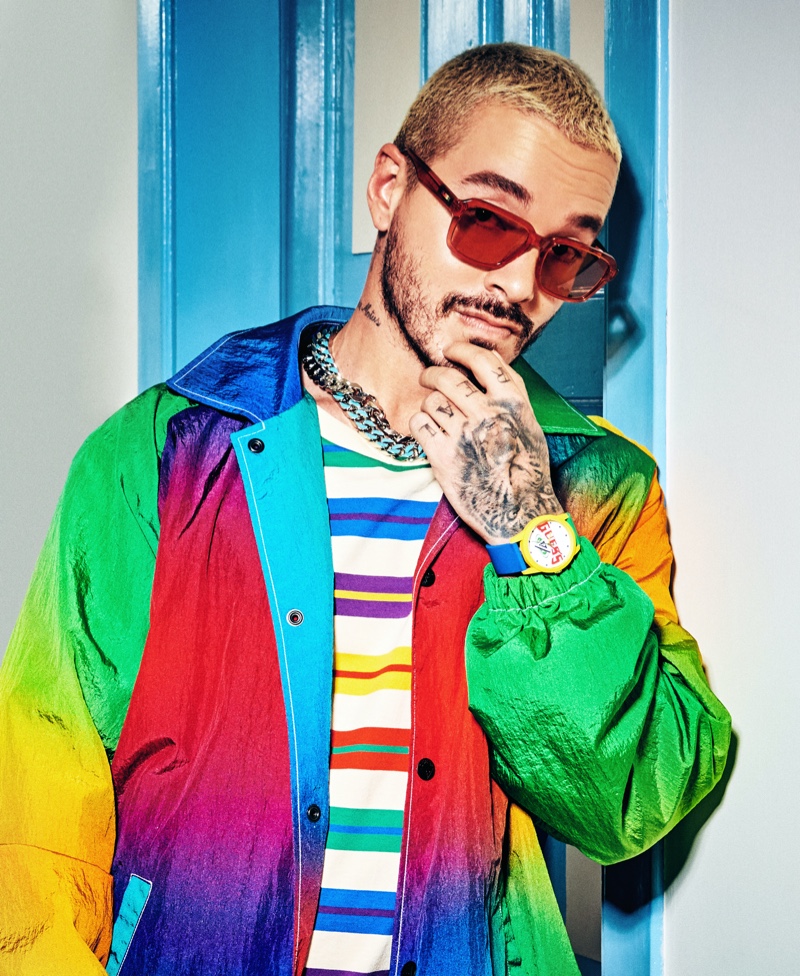 Making a colorful statement, J Balvin wears a look from his GUESS capsule collection.